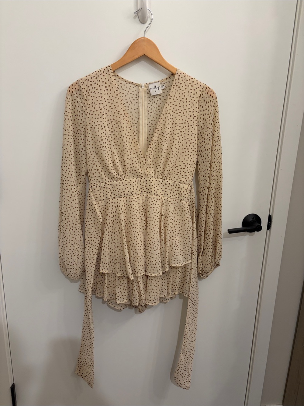 Neutral Dot Long Sleeve Short Ruffle Romper